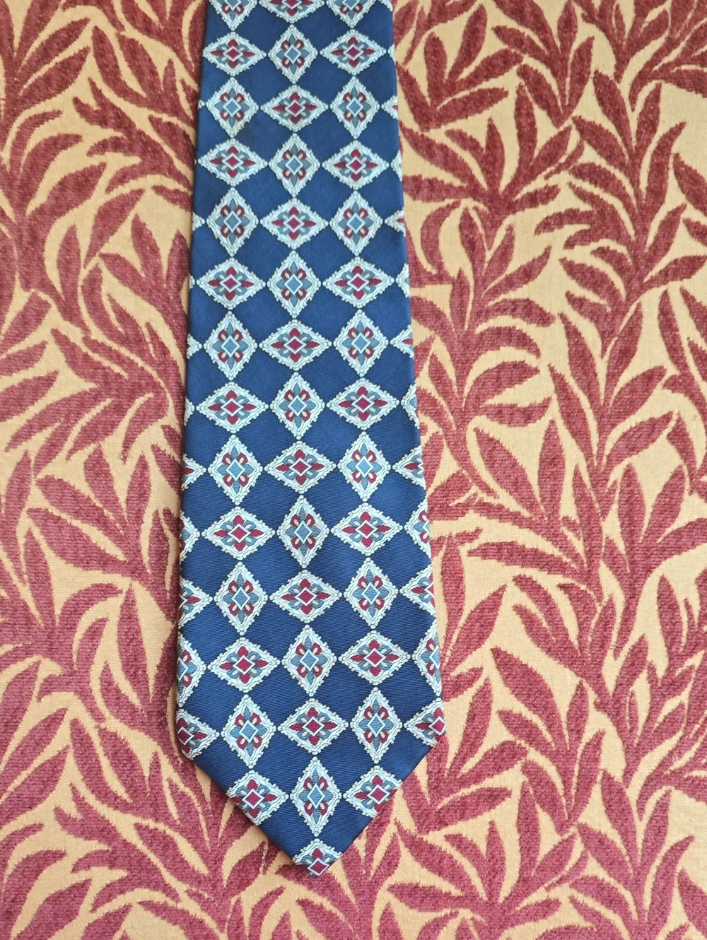 Classic Navy Geometric Silk Tie with Light Blue and Red Accents
